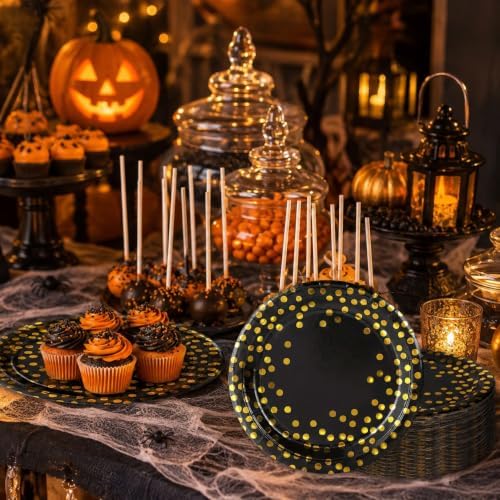 50 Pcs Black and Gold Dot Paper Plates Set Party Supplies Serve 50 （9 In）