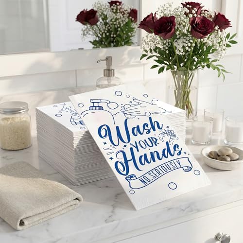 100 Pack Wash Your Hands Disposable Hand Towels for Bathroom Paper Towels for Guests Etiquette Guest Dinner Napkins Decorative Paper Hand Towels for Bathroom Wedding Birthday Anniversary(Blue)