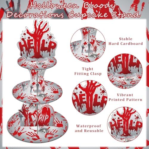 Keluna Halloween Bloody Birthday Party Decorations - 3 Tier Scary Bloody Help Handprint Cupcake Stand Horror Theme Party Supplies Dessert Tower Holder for Halloween Theme Table Decorations