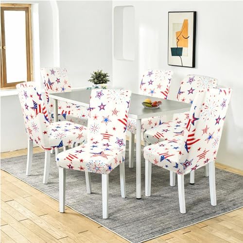 Independence Day Dining Room Chair Covers Set of 6,4th of July Fireworks Star Flag Dining Chair Cover,Stretchy Removable Washable Dining Chair Cover,Suitable for 4th of July Kitchen Dining Room Decor