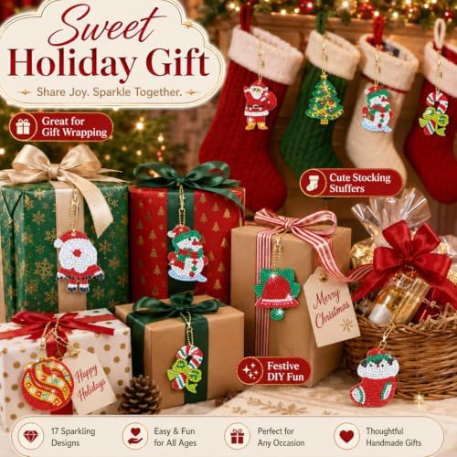 Yaomiao 17 Pcs Double Sided Diamond Art Christmas Ornaments Keychains 5d