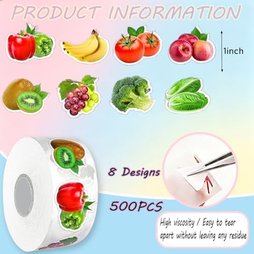 500PCS Fruit Stickers Rolls 8 Styles Fruits and Vegetables Sticker 1in Self-Adhesive Waterproof Vinyl Stickers Decor for Birthday Party Envelopes Scrapbook Decorations