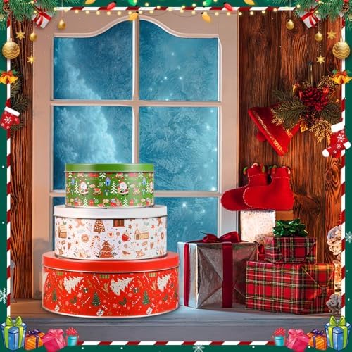 Olgaa Christmas Cookie Tins with Lids Set of 3 Gingerbread Man Cookie Storage Containers Airtight Round Jars for Gift Giving Holiday Treats Baking Cake Container