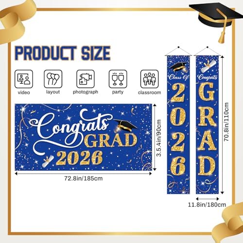 Class of 2026 Graduation Decorations, 3 Pcs Blue Gold Congrats Grad Banner and Backdrop Set with 1 Photo Backdrop and 2 Hanging Banners for Indoor Outdoor Party Decor
