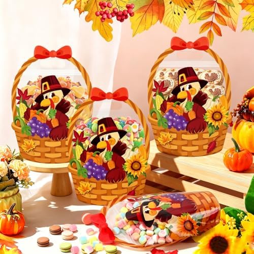 FOIMAS 50pcs Thanksgiving Bags Plastic Fall Goodie Bags with Handles Ziplock Basket Resealable Candy Bag for Thanksgiving Harvest Holiday Party Gift Wrapping Supplies Decoration Favor