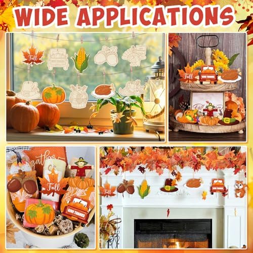 36PCS Wooden Thanksgiving Decoration Fall Ornaments to Paint Happy Thanksgiving Crafts Cutouts Unfinished, DIY Blank Fall Unfinished Turkey Maple Leaf Truck Pumpkin Ornament for Home Harvest Hanging