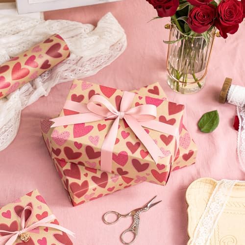RUSPEPA Kraft Valentine’s Day Wrapping Paper Roll, Mini Roll, Red and Pink Heart Design, Romantic Gift Wrap Paper for Valentine's Day, Wedding, Anniversary, Birthday, 17 Inches x 16.4 Feet