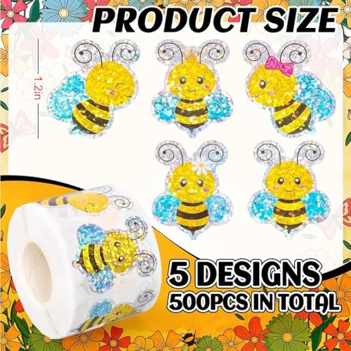 500Pcs Holographic Bee Stickers for Kids 1.2in Laser Waterproof Sticker Roll 6 Designs Cute Bumblebee Self-Adhesive Sticker Rolls for Bottle Scrapbook Journal Envelope Decorations
