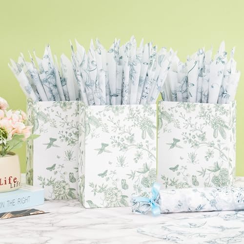 ENFANTRY Floral Tissue Paper, 60pcs Green Floral Tissue Paper for Gift Bags 50x35cm, Gift Wrapping Tissue Paper Bulk for Weddings, Birthdays, Holidays Decor