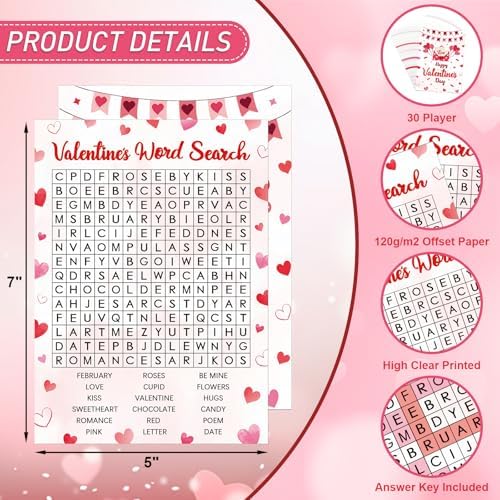 30 Players Valentine's Party Games for Adults Family Office Large Groups, Valentine Parties Word Search Game Card with Answer Key, Valentines Day Classroom Activities Party Favor (Valentines Search)