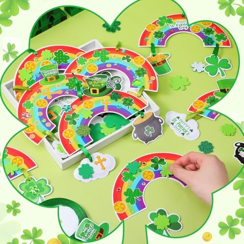 Funrous 48 Sets Crafts Kit Paper Crafts DIY Make Your Own Hanging Ornaments with Pompoms Diamond Stickers for Holiday Classroom Activities Party Favors, St. Patrick's Rainbow