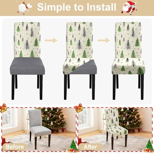 Christmas Tree Chair Covers Set of 4, Stretchable Dining Chair Slipcovers with Snowflakes for Holiday Décor