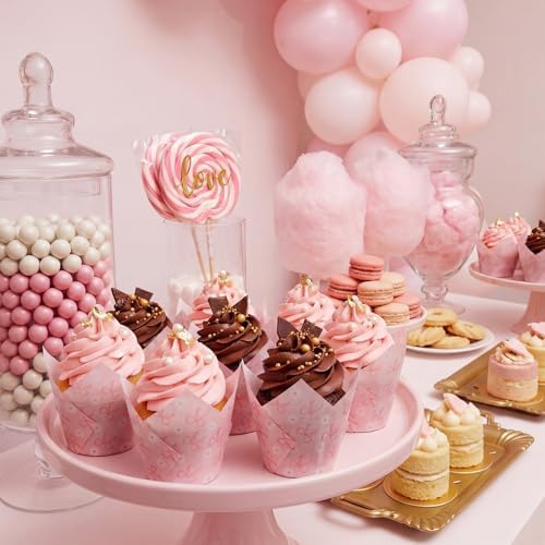 Maxdot 200 Pcs Daisy Bow Tulip Cupcake Liners for Baking Coquette Bow Daisy Paper Muffin Baking Cups Pink Floral Tulip Muffin Liners Wrappers for Wedding Bachelorette Bridal Showers Birthday Party
