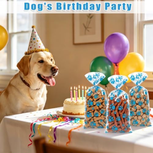 ZYLOP 50 Pcs Blue Dog Treat Bags - 5 x 11 Inch Clear Cellophane Dog Gift Bags with 60 Silver Twist Ties, Paw Print Bags for Pet Treats, Cat Treats, Candy, Cookies & Party Favors