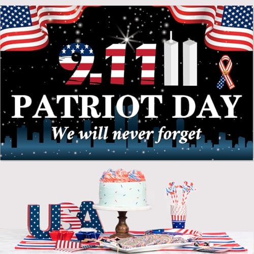 911 Never Forget Banner, Patriot Day Banner, 911 Patriot Day Flag, 911 Patriot Day Decorations, 911 Patriot Day We Will Never Forget Flag Wall Hanging Backdrop.