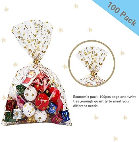 Star Printed 100 Pcs 7"X 12" Gift Wrap Cello - Clear Candy & Cookie Bags with Twist Ties for Bakery, Birthday, Wedding & Party Decorations (Gold)