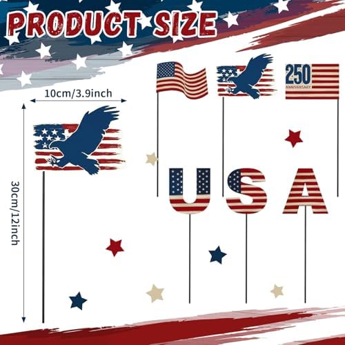 Pickmesh 6 Pcs 4th of July Outdoor Decor Metal Yard Signs 12 Inch USA Eagle