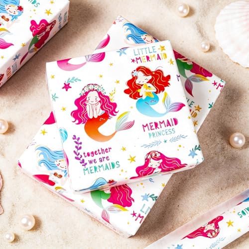 MAYPLUSS Girl Gift Wrapping Paper, 17in x 16.5ft Mermaid Gift Wrap