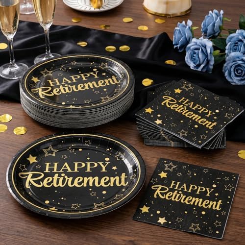 Dereinwo 50 Pcs Retirement Paper Plates and Napkins Set