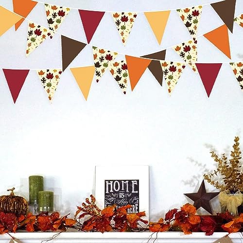 31Ft Fall Party Decorations Orange Brown Fall Maple Leaves Banner Fabric Triangle Flag Pennant Garland Streamers for Happy Fall Thanksgiving Day Harvest Autumn Birthday Outdoor Garden Hanging Decor