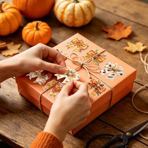 Whaline 1000 Pcs Fall Bow Stickers Roll Orange Pumpkin Plaid Leaves Bowknot Self-Adhesive Decals for Thanksgiving Autumn Scrapbook Journal Envelope Decor, 2 Rolls