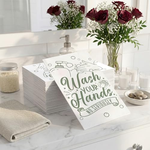 100 Pack Wash Your Hands Disposable Hand Towels for Bathroom Paper Towels for Guests Etiquette Guest Dinner Napkins Decorative Paper Hand Towels for Bathroom Wedding Birthday Anniversary (Green)