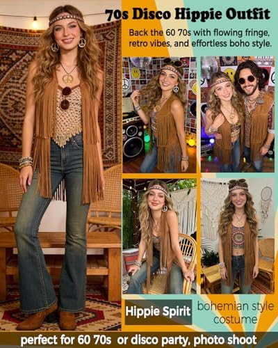 60s 70s Outfit for Women Hippie Costume Clothes Fringe Vest Accessories