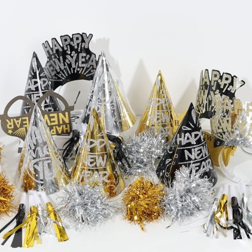 42 Pieces 2026 New Year's Eve Party Supplies Kit - Black Gold Silver Happy New Year Paper Glasses, Headband Tiaras, Cone Hats, Noise Makers for New years Eve Party Decorations