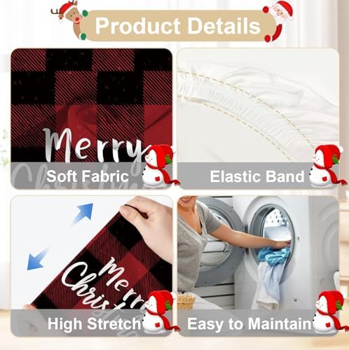 Merry Christmas Snowman Chair Covers Set of 4, Stretchable Dining Chair Slipcovers with Red Plaid and Christmas Trees for Holiday Decor