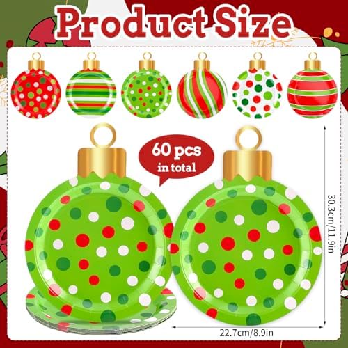 Whaline 60 Pcs Christmas Ball Paper Plates Dinner Plates 9 Inch Red Green Dots Stripe Christmas Ball Shape Disposable Plates for Xmas Winter Holiday Party Table Decor Supplies
