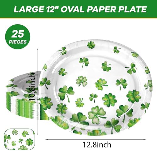 25 Pcs Green Shamrock Paper Plates, 12 Inch Oval Disposable Dinner Plates, Heavy Duty Grease Resistant Party Plates for Earth Day, Spring Picnic, Garden Party, Classroom Events