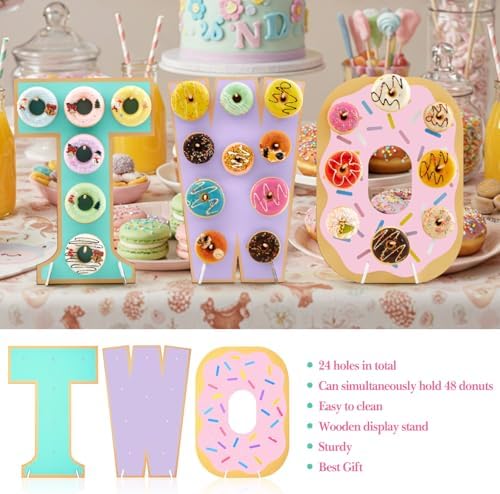 Lallisa 3 Pack Sweet Two Donut Stands, Wooden Doughnut Display Stand with Bases and Pegs, Donut Holder for Dessert Table, 2nd Birthday Decorations, Sweet Two Theme Party Decor for Kids