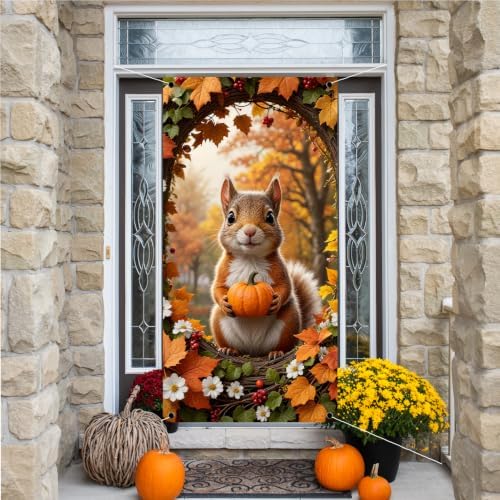 Fall Door Cover,Maple Leaf Squirrel Pumpkin Thanksgiving Fall Decor