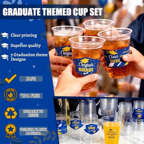 GuassLee Blue and Gold Graduation Decorations 2026 Party Cups - 50pcs 12 Oz Blue Gold Yellow Disposable Graduation Plastic Cups for Drinks Class of 2026 Grad Party Favors Supplies
