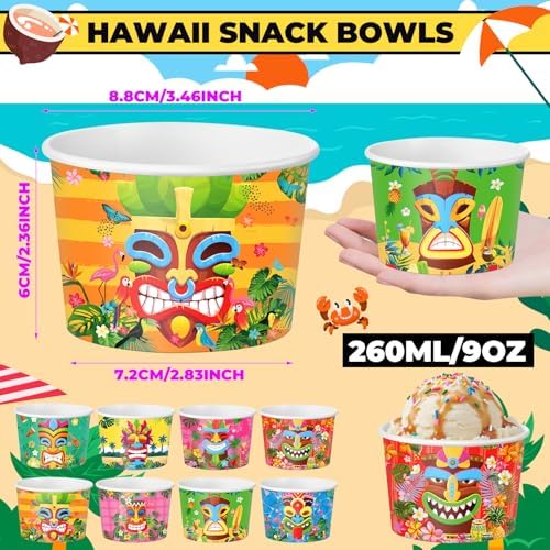 Maxdot 48 Pcs Tropical Ice Cream Bowls 9oz Disposable Snack Cups Decorative Hawaii Paper Dessert Bowls Tiki Party Supplies for Yogurt, Cupcakes, Soup Hot or Cold Food