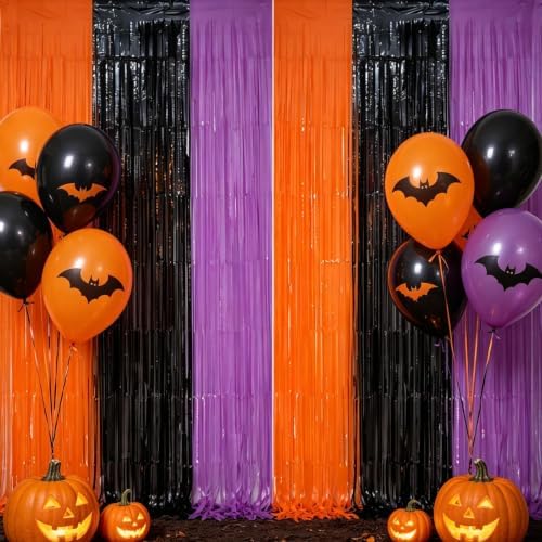 2 Pack Halloween Backdrop Orange Black Purple Foil Fringe Curtains.