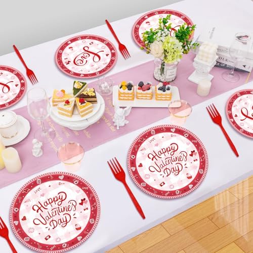 96 Pieces Valentine’s Day Tableware Set – Red and White Disposable Plates, Napkins, and Forks with Heart Balloons Designs for Romantic Dinners, Weddings, and Love-Themed Parties – Serves 24