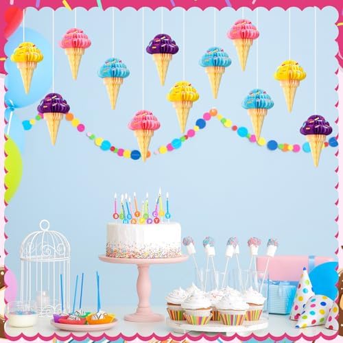 Gueevin 12 Pcs Ice Cream Party Decorations Summer Ice Cream Hanging Honeycomb Balls Decor Tissue Paper Hanging Ceiling Decor for Sweet Party Home Birthday Baby Shower Favor