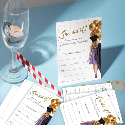 Graduation Invitations 2026, 25 Party Invitation Cards with Envelope, 4"x6" She Did It Grad Announcement Invites, Graduate Celebration Favor Supplies-A01