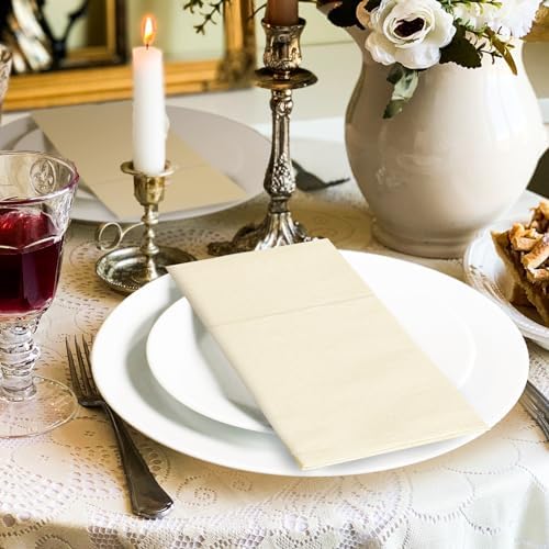 KAMMAK Dinner Napkins Disposable Beige Cloth like Paper Napkins with Pocket 100 Pack Folded Napkins Guest Hand Towel for Party Decoration, Wedding Reception, Bathroom and Kitchen (16.5 x 16.5 inch)