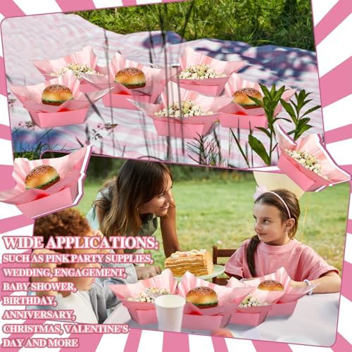 Geosar 100 Pcs Gingham Paper Food Tray with Wax Paper,Pink