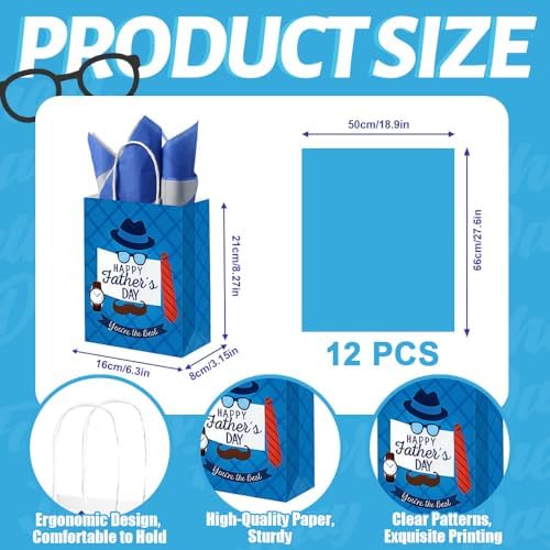 FCKLVMC 12 Pcs Fathers Day Gift Bags with Handle, Fathers Day Gift Bag with Decorative Paper for Men Father'S Day Birthday Party Decor Favor(8.27x6.3x3.15in)