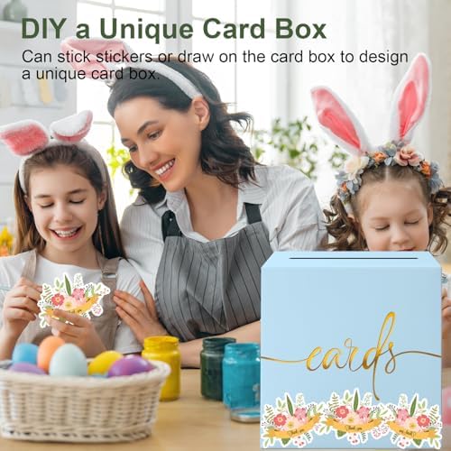 2 Pack Light Blue Card Box with Gold Foil Design, Paperboard 8.7" Card Box for Birthday Wedding Party Graduation Retirement Anniversary Valentine's Day & Baby Showers, Raffle or Money Box