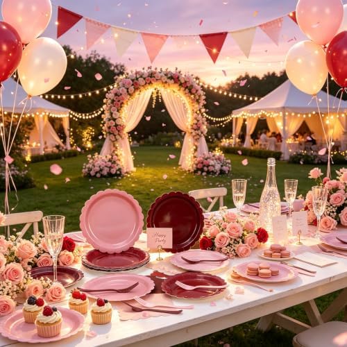 Pink and Burgundy Paper Plates and Napkins,Include Gradient 9inch Plates Napkins Forks Disposable Party Supplies for Baby Shower,Birthday,Wedding,Serves 24
