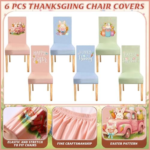 Mindsoft 6 Pcs Easter Chair Covers Print Eggs Hunt Happy Bunny Removable Seat Covers Protector Washable Stretch Spring Slipcovers for Easter Spring Hotel Restaurant Party Banquet