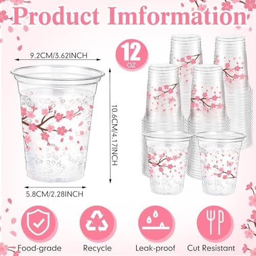 Funnymoom 60 Pack Cherry Blossom Plastic Cups for Party Decorations, 12 oz