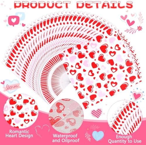 LOAVER 150 Pcs Valentine's Day Wax Paper Sheets for Food,Heart Greaseproof Waterproof Waxed Wrapping Tissue for Deli Baking Picnic Sandwich Cookies Oilproof Basket Liners (9.84 x 9.84 Inch)