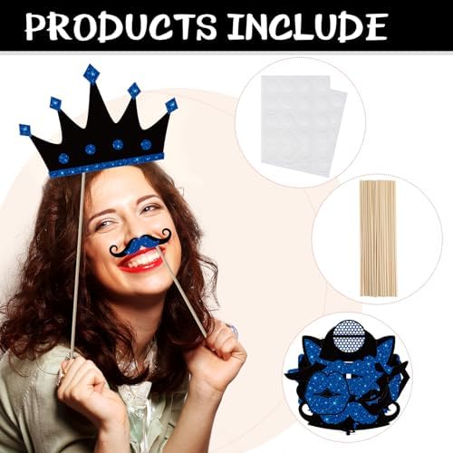 Zonon 24 Pcs Photo Booth Props Set Black Gold Birthday,Blue and Black
