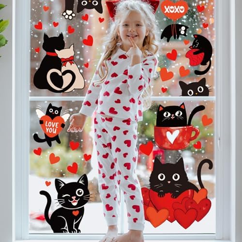 Whaline 6 Sheets Valentine' s Day Window Clings Window Decal Black Cat Red Love Heart Reusable Anti-Collision Windows Decor for Wedding Anniversary Home Party Supplies