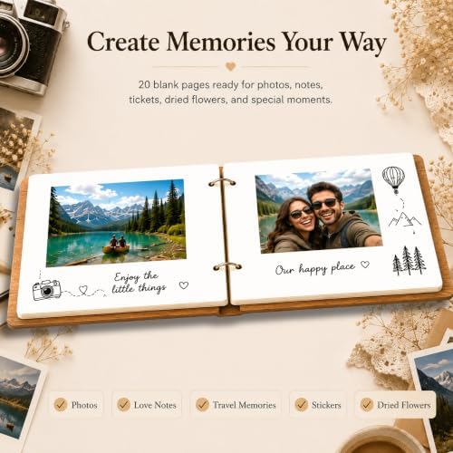 Our Adventure Book Scrapbook for Couples, Wooden Travel Photo Album Kit with Matching Puzzle Heart Keychains, Memory Book for Anniversary, Wedding, Honeymoon, Boyfriend Girlfriend